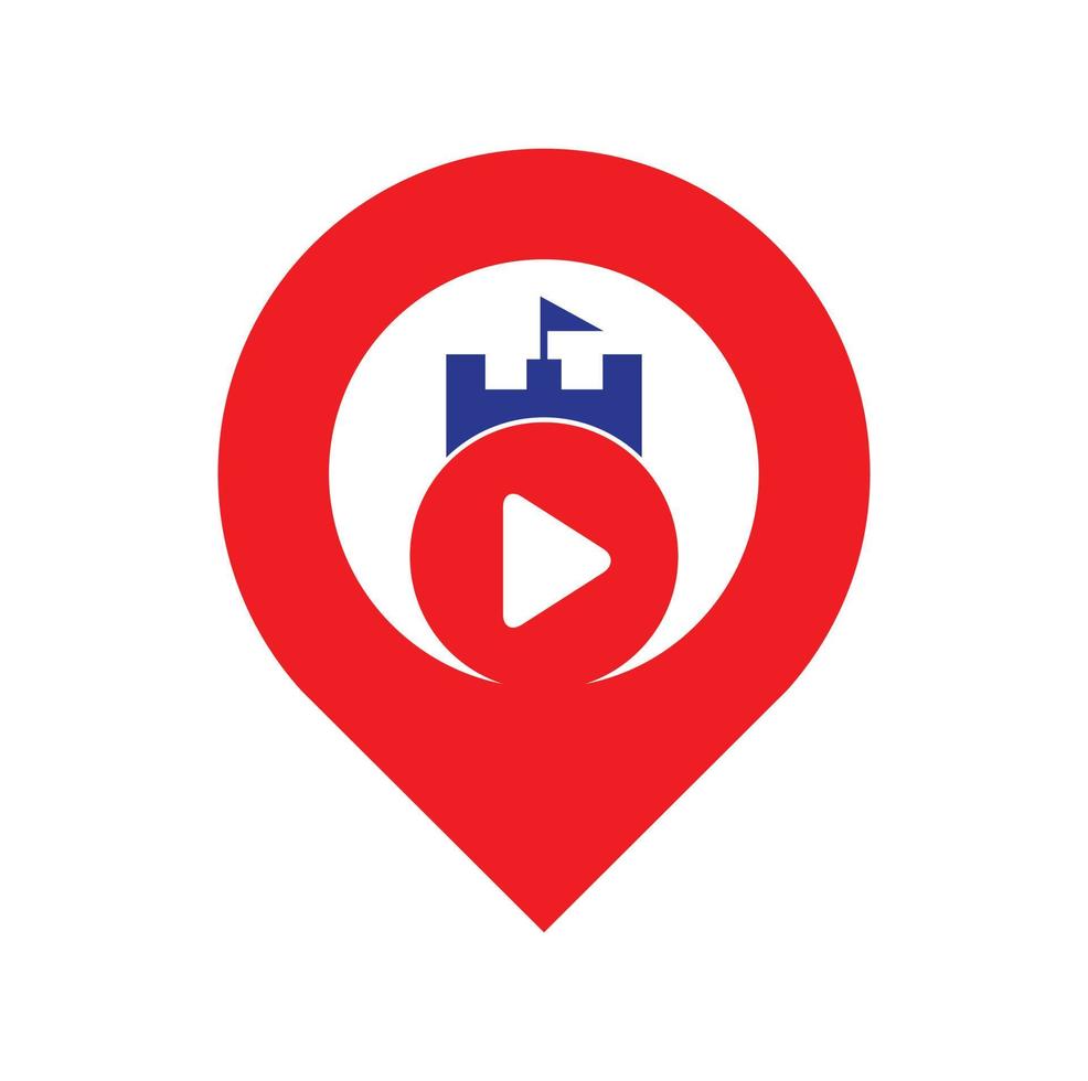 Play castle gps shape concept logo design. Button play and castle vector logo combination. Record and tower symbol or icon.