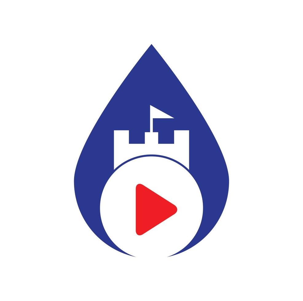 Play castle drop shape concept logo design. Button play and castle vector logo combination. Record and tower symbol or icon.