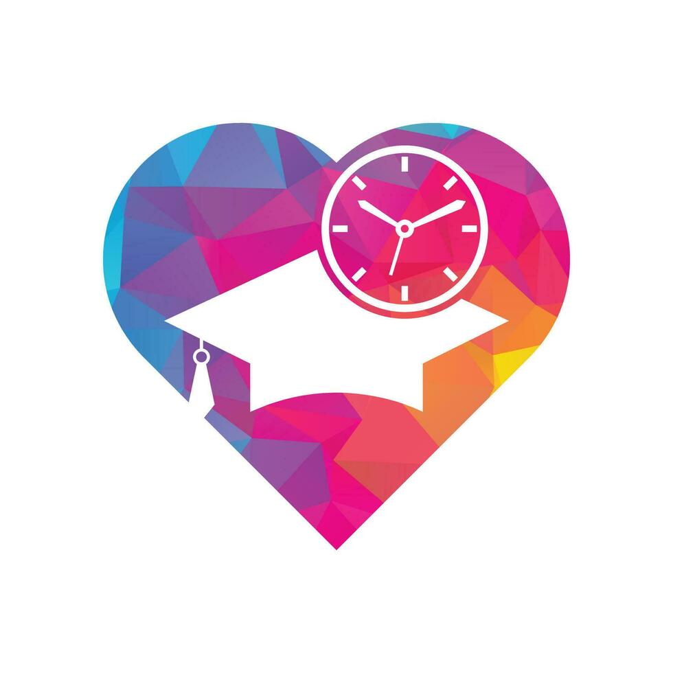 Study time heart shape concept vector logo design. Graduation hat with clock icon design.