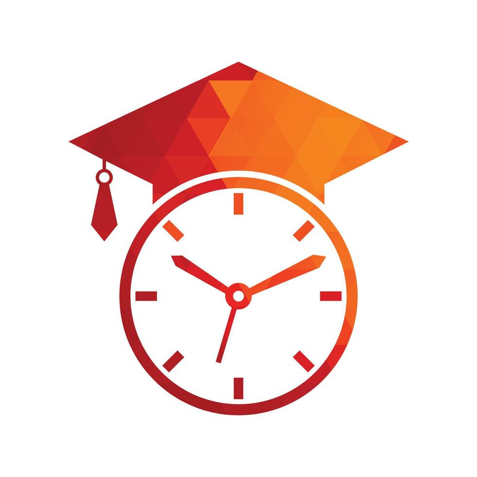 diseño del logotipo del vector de tiempo de estudio. sombrero de graduación con diseño de icono de reloj