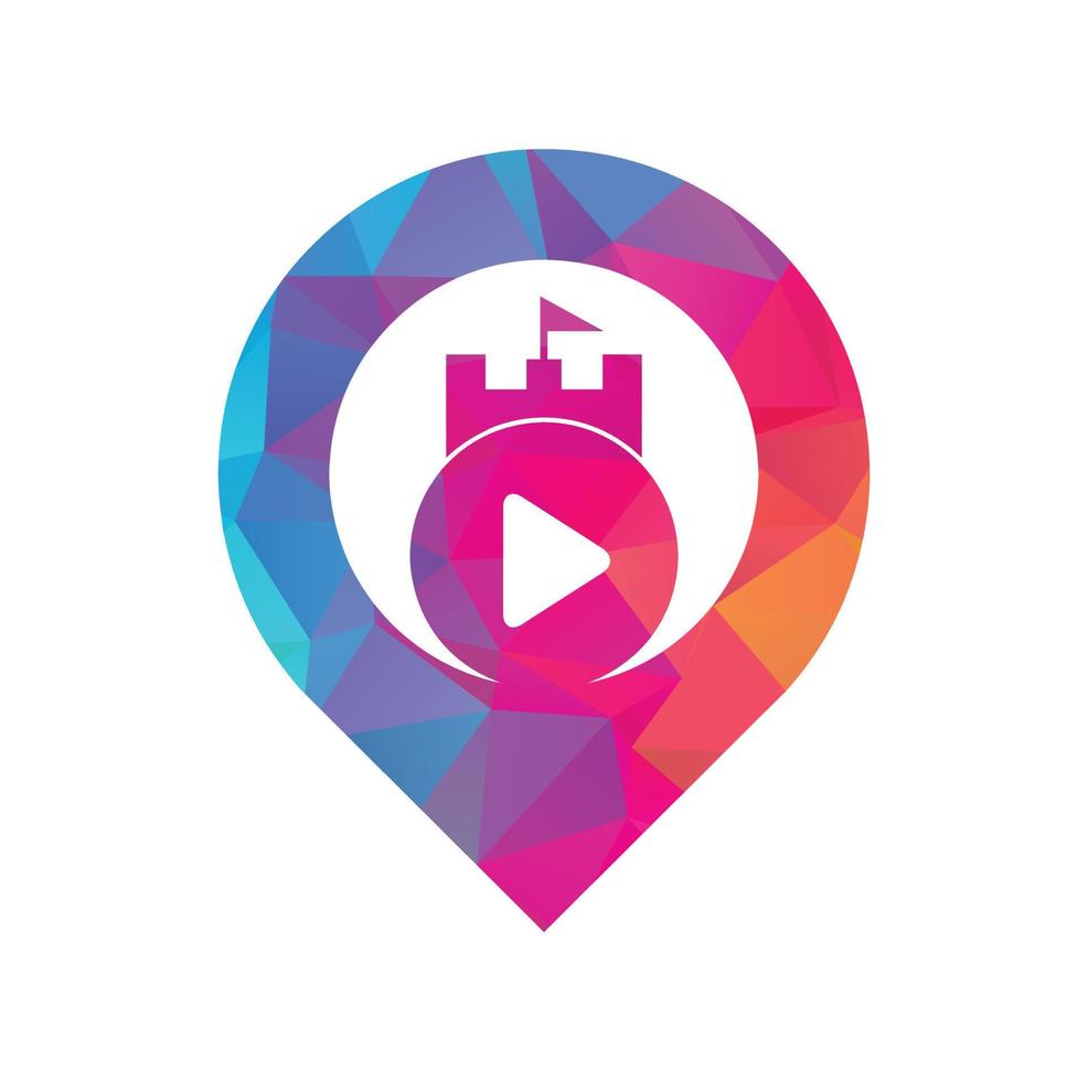 Play castle gps shape concept logo design. Button play and castle vector logo combination. Record and tower symbol or icon.