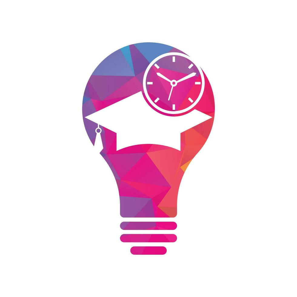 estudio tiempo bulbo forma concepto vector logo diseño. sombrero de graduación con diseño de icono de reloj.