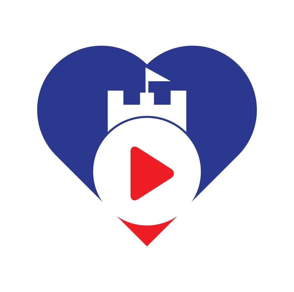 diseño del logotipo del concepto de forma de corazón del castillo de juego. botón de juego y combinación de logo de vector de castillo. icono o símbolo de registro y torre.