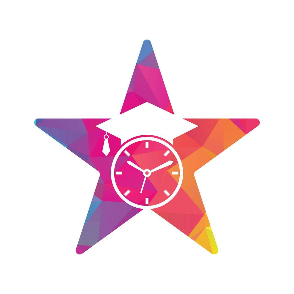 diseño del logotipo del vector de tiempo de estudio. sombrero de graduación con diseño de icono de reloj