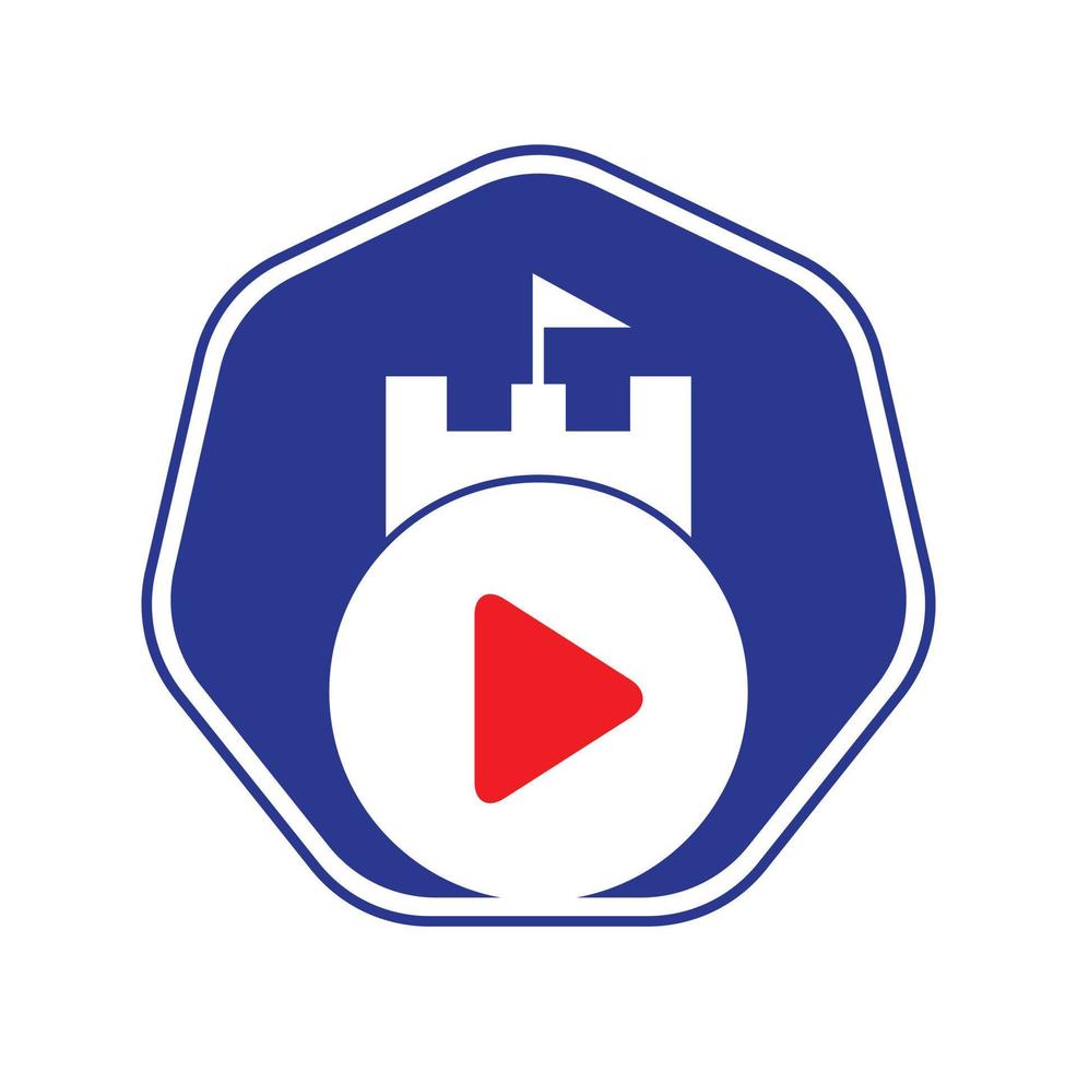 Button play and castle vector logo combination. Record and tower symbol or icon.