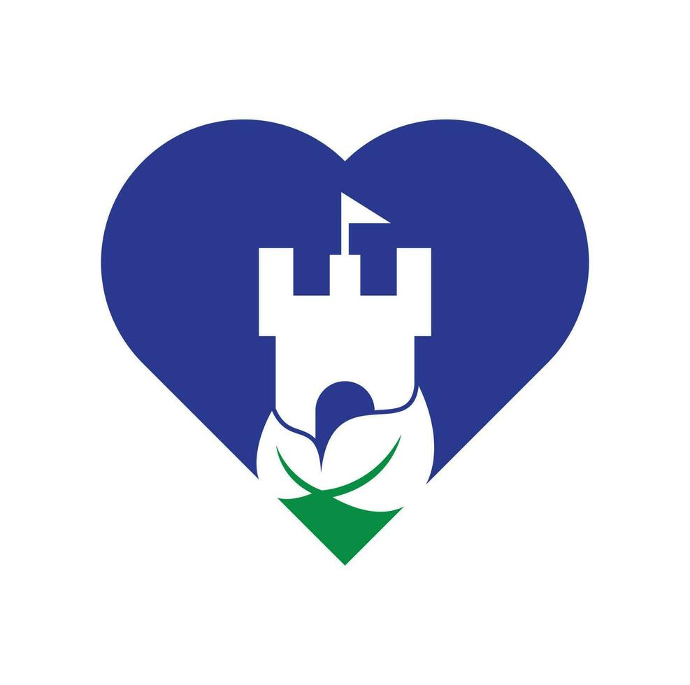 castillo con logotipo de vector de icono de hoja y corazón. vector de concepto de diseños de logotipo de castillo de naturaleza.