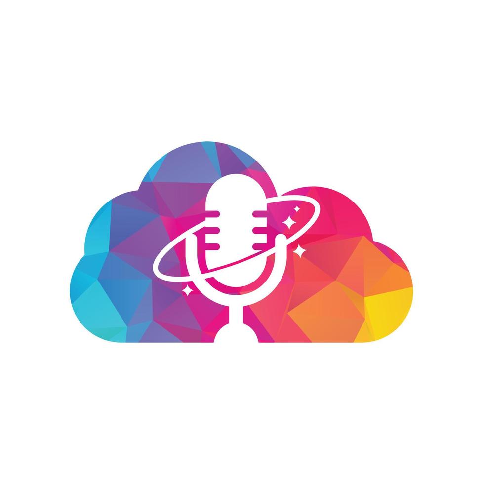 podcast planeta nube forma concepto vector logo diseño. diseño de logotipo de podcast de espacio creativo.