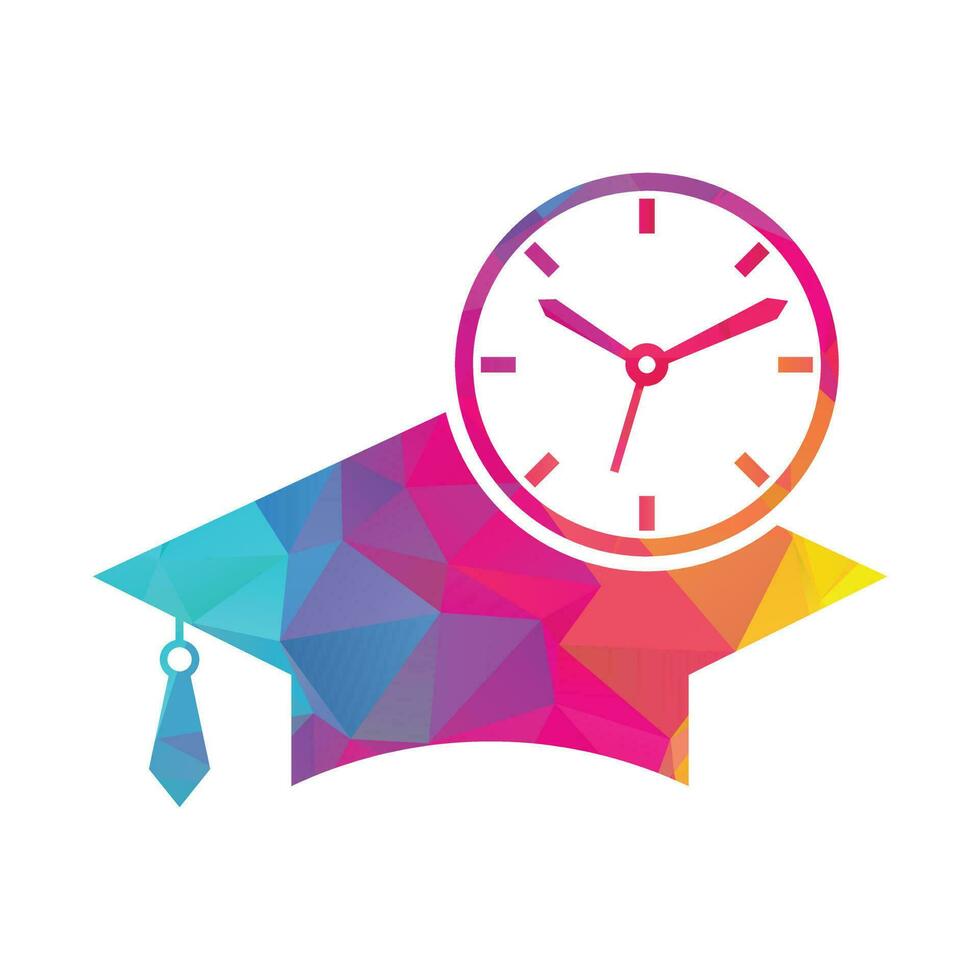 diseño del logotipo del vector de tiempo de estudio. sombrero de graduación con diseño de icono de reloj