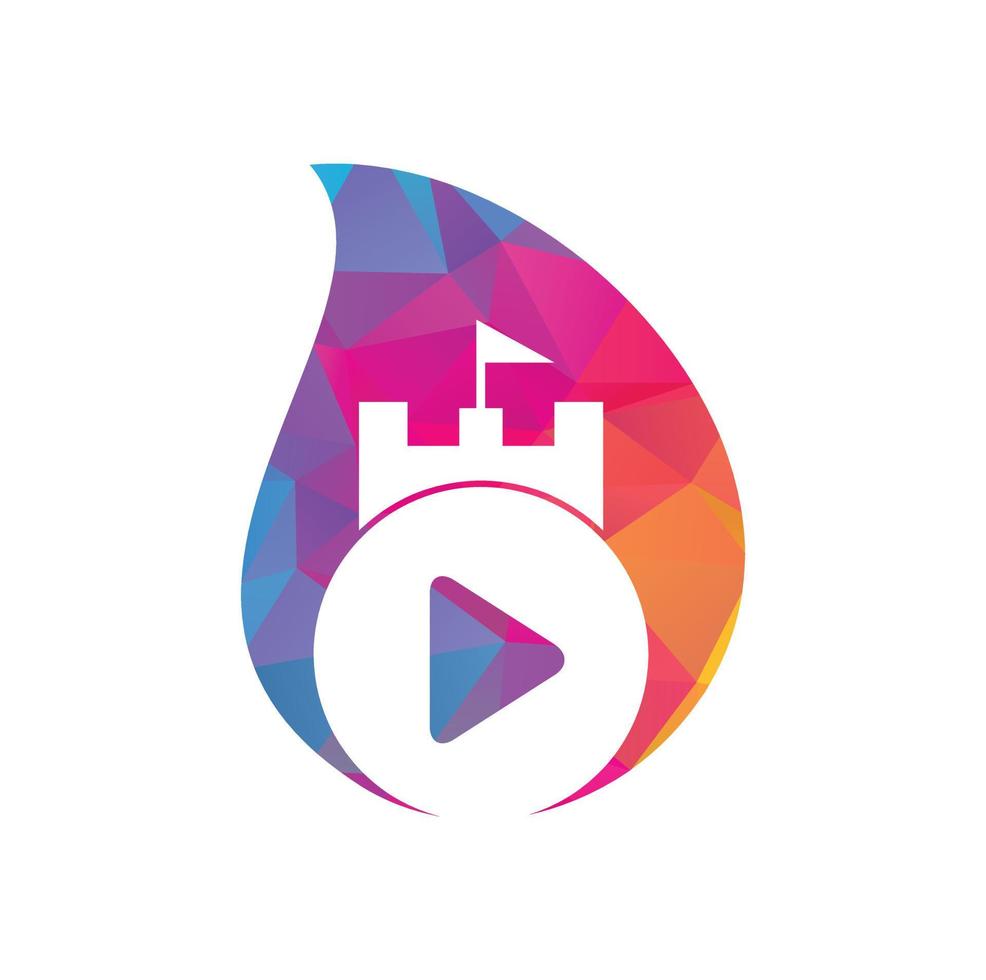 Play castle drop shape concept logo design. Button play and castle vector logo combination. Record and tower symbol or icon.