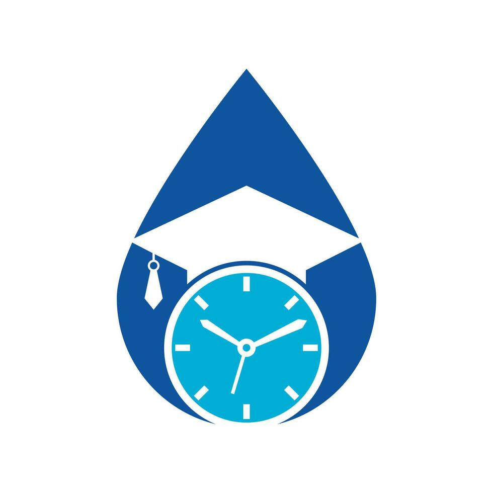 Study time drop shape concept vector logo design. Graduation hat with clock icon design.