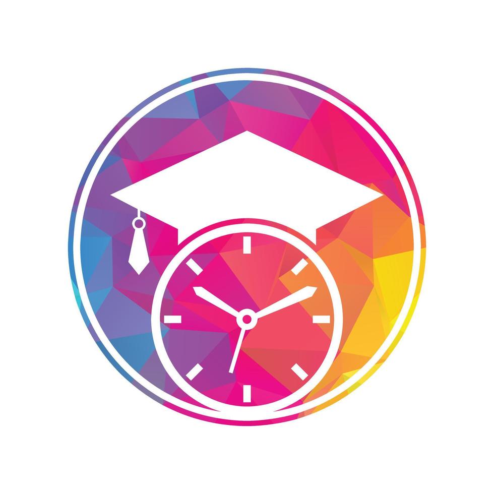 diseño del logotipo del vector de tiempo de estudio. sombrero de graduación con diseño de icono de reloj