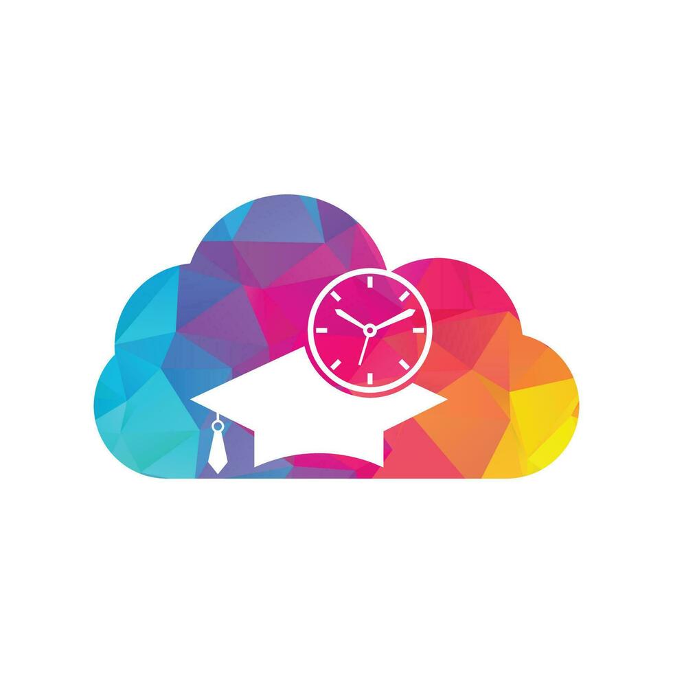 Study time cloud shape concept vector logo design. Graduation hat with clock icon design.