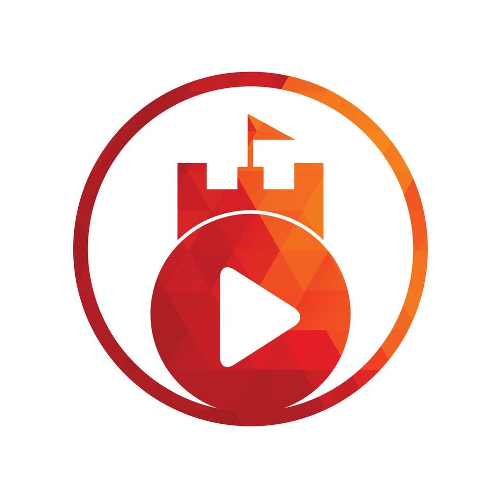 Button play and castle vector logo combination. Record and tower symbol or icon.