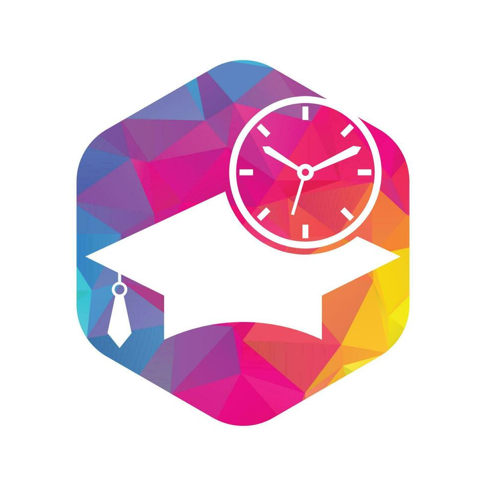 diseño del logotipo del vector de tiempo de estudio. sombrero de graduación con diseño de icono de reloj