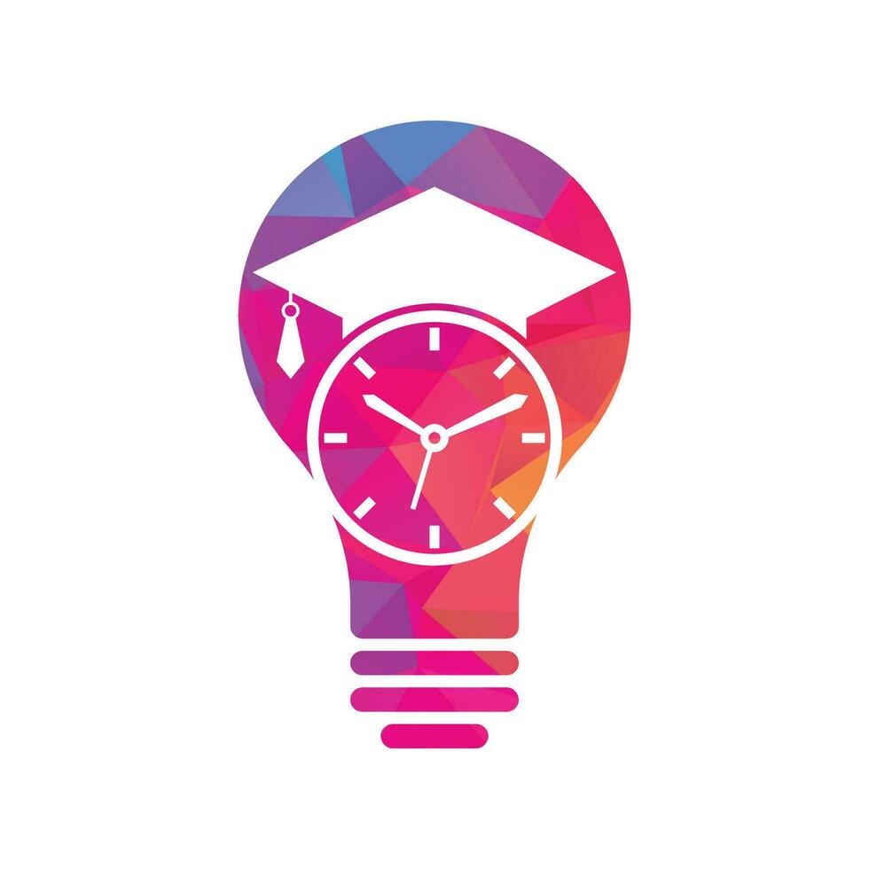 estudio tiempo bulbo forma concepto vector logo diseño. sombrero de graduación con diseño de icono de reloj.
