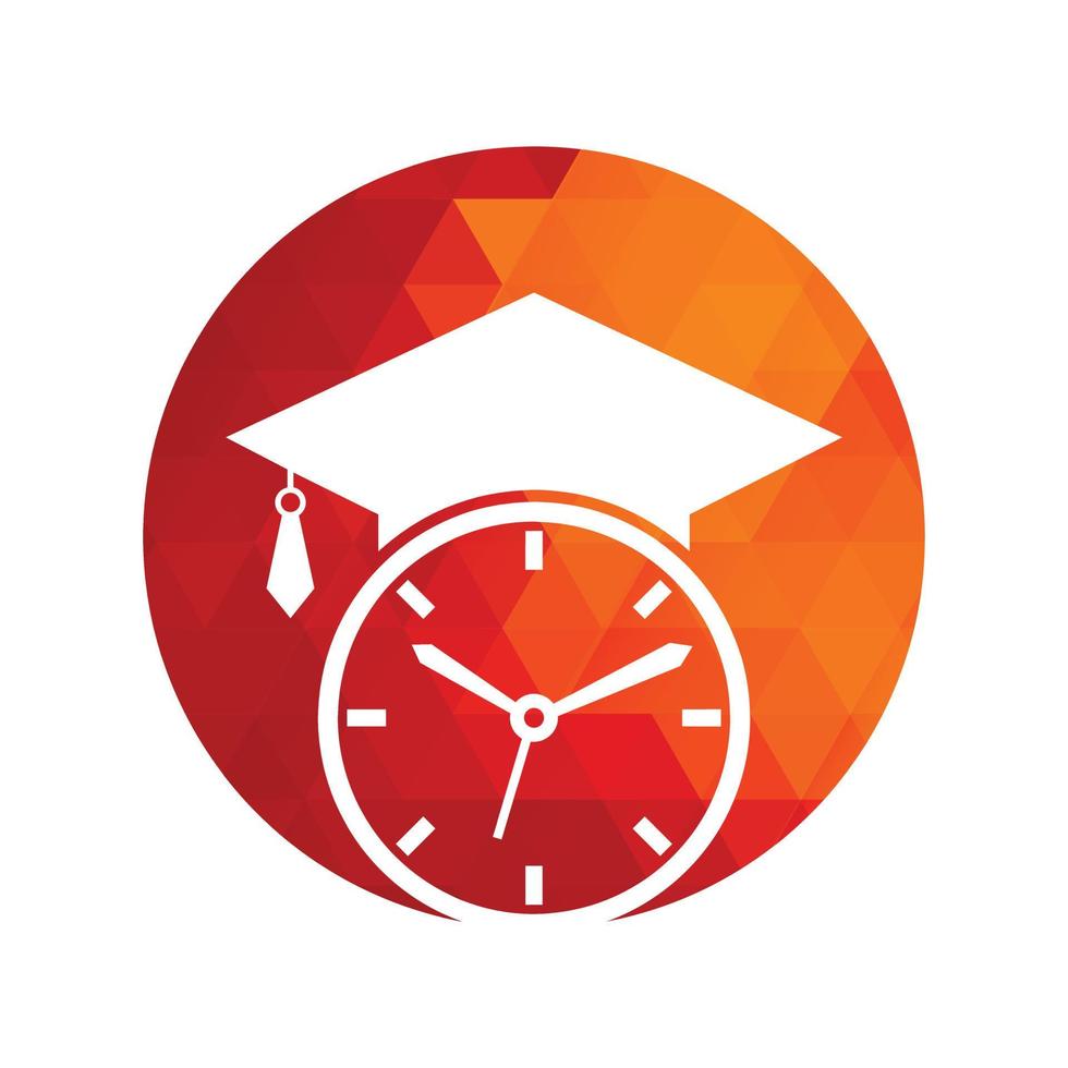 diseño del logotipo del vector de tiempo de estudio. sombrero de graduación con diseño de icono de reloj