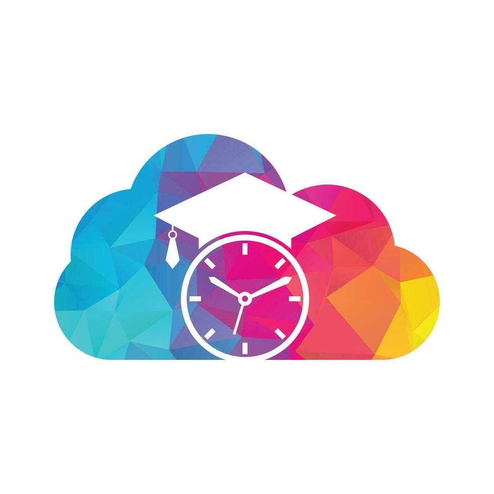 diseño de logotipo vectorial de concepto de forma de nube de tiempo de estudio. sombrero de graduación con diseño de icono de reloj. vector