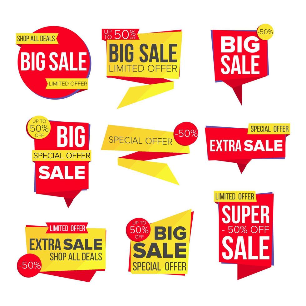 Sale Banner Set Vector. Website Stickers, Color Web Page Design. Up To 50 Percent Off Badges. Isolated Illustration vector