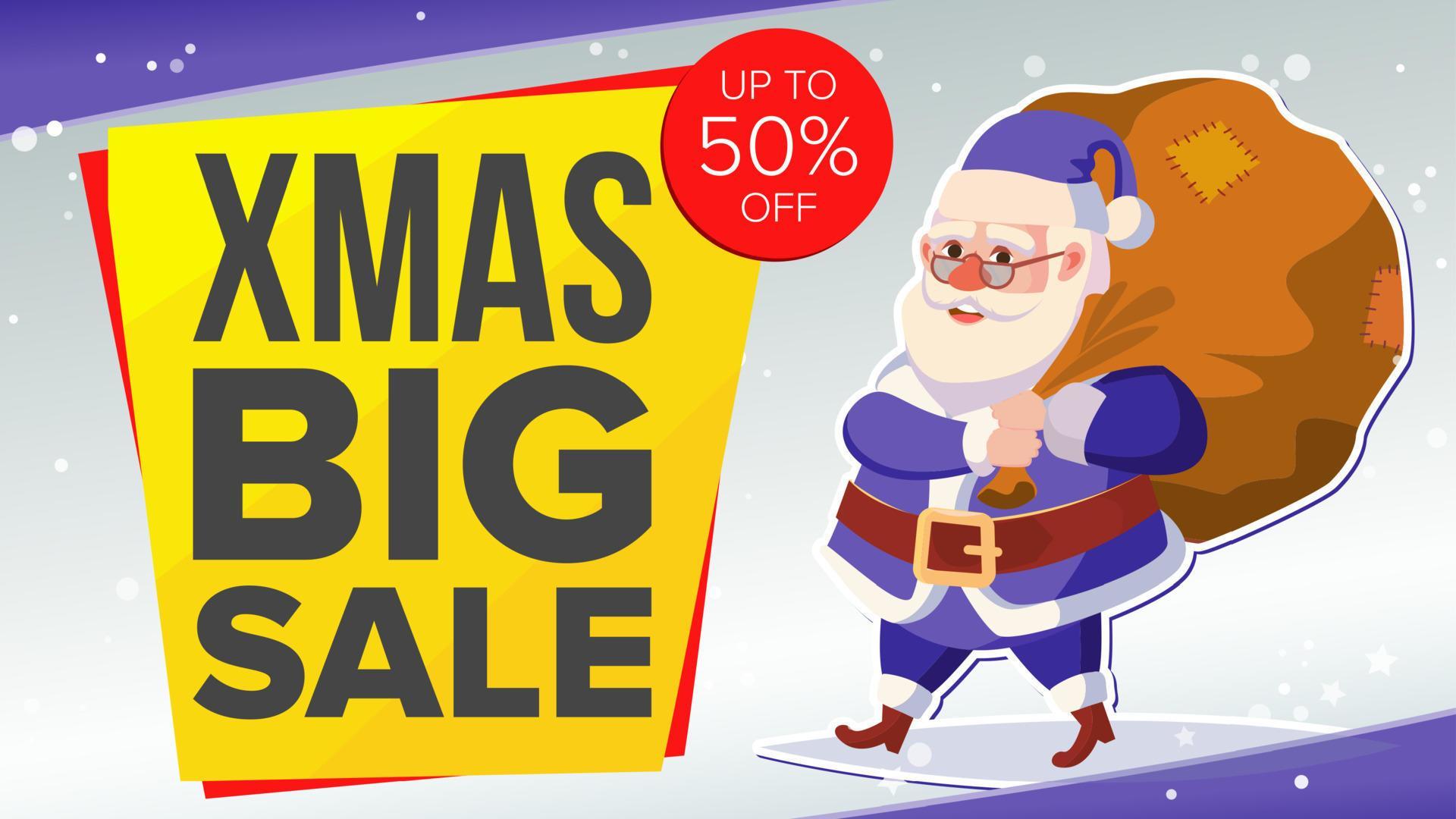 Big Christmas Sale Banner With Happy Santa Claus. Vector. Business