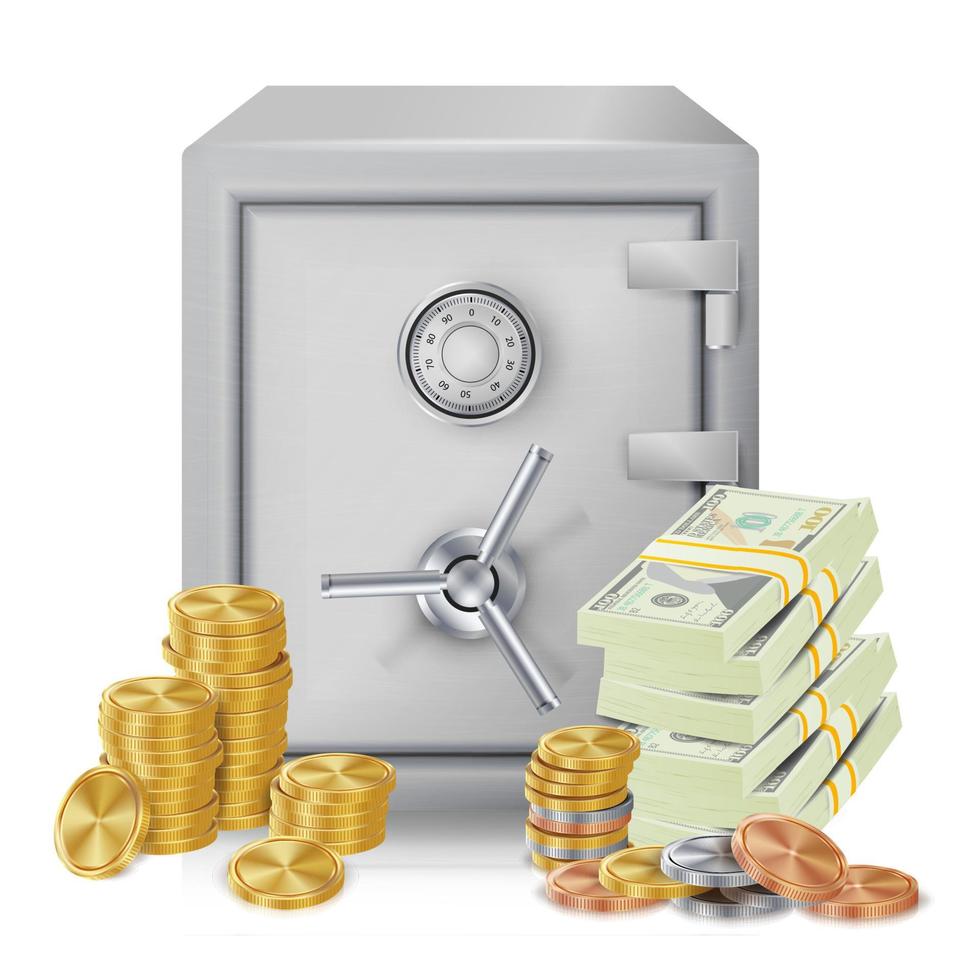 Steel Safe Security Concept Vector. Metal Coins. Vector Isolated Illustration. Investment Concept.