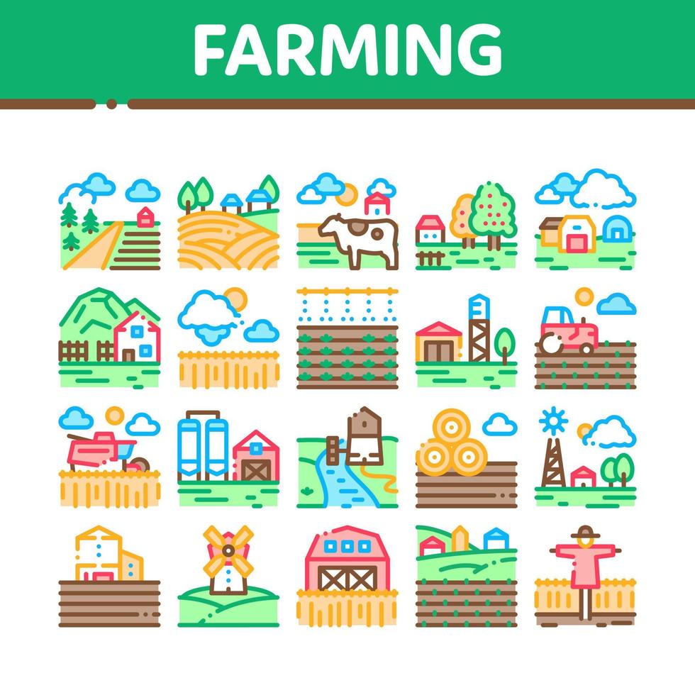 Farming Landscape Collection Icons Set Vector