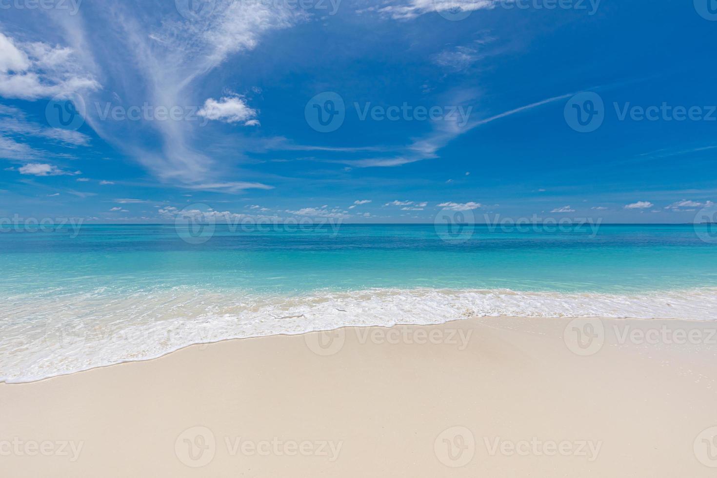 Tranquil beach. Tropical island landscape and sea sand sky concept. Soft waves splashing on empty beach. Exotic landscape, island coastline. Peaceful nature, wonderful scenery photo