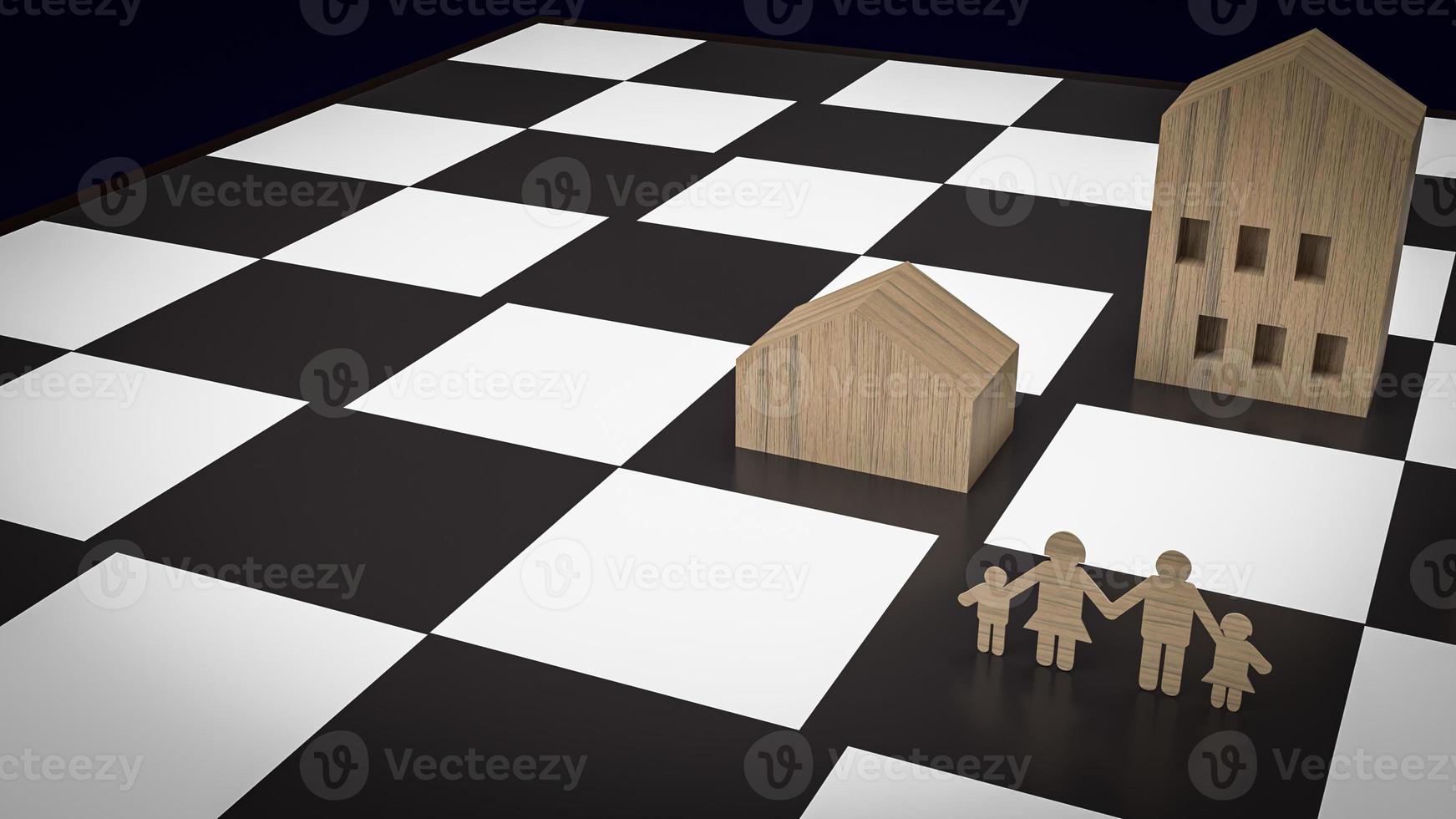 The home wood toy on chess board for property or real estate business 3d rendering. photo