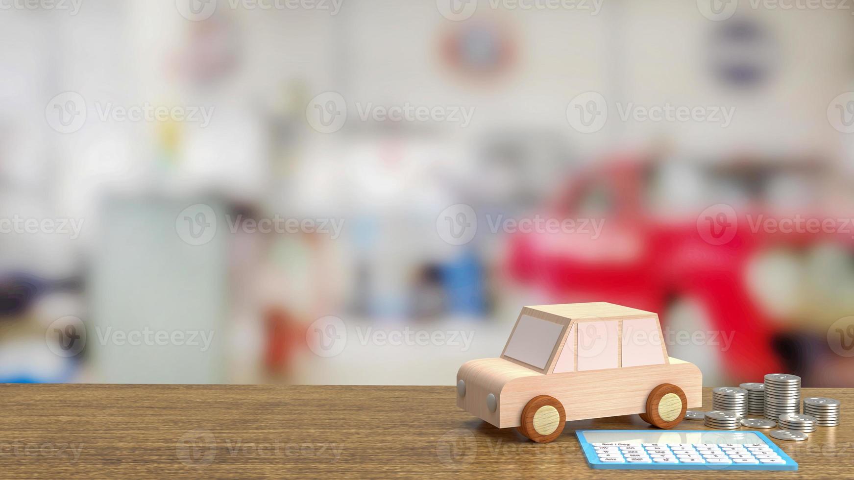 The toy wood car and blue calculator on wood table 3d rendering photo