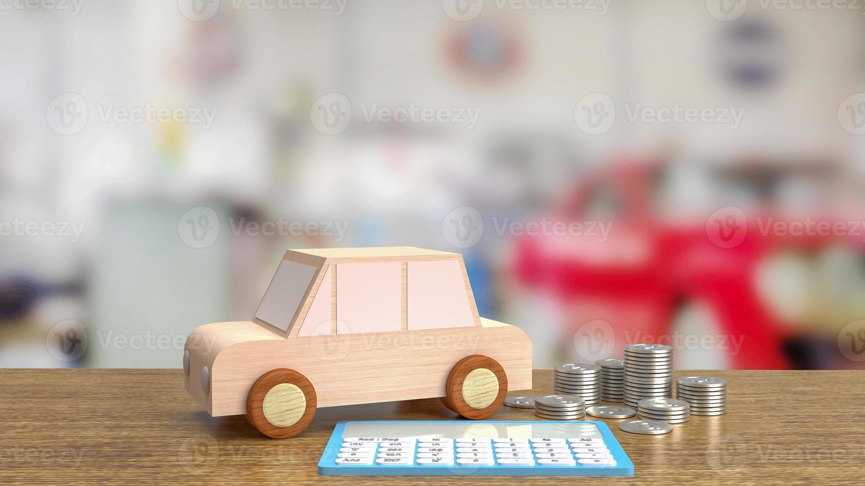 el coche de madera de juguete y la calculadora azul en la representación 3d de la mesa de madera foto