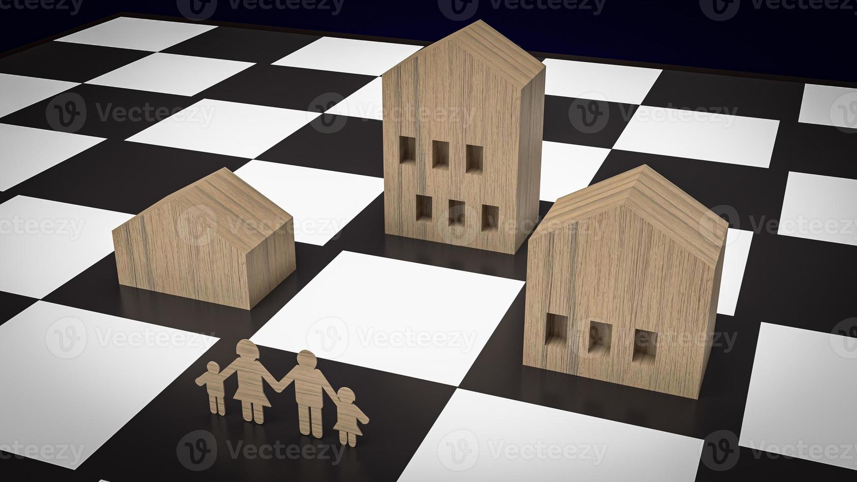 el juguete de madera casero en el tablero de ajedrez para la representación 3d de propiedad o negocios inmobiliarios. foto