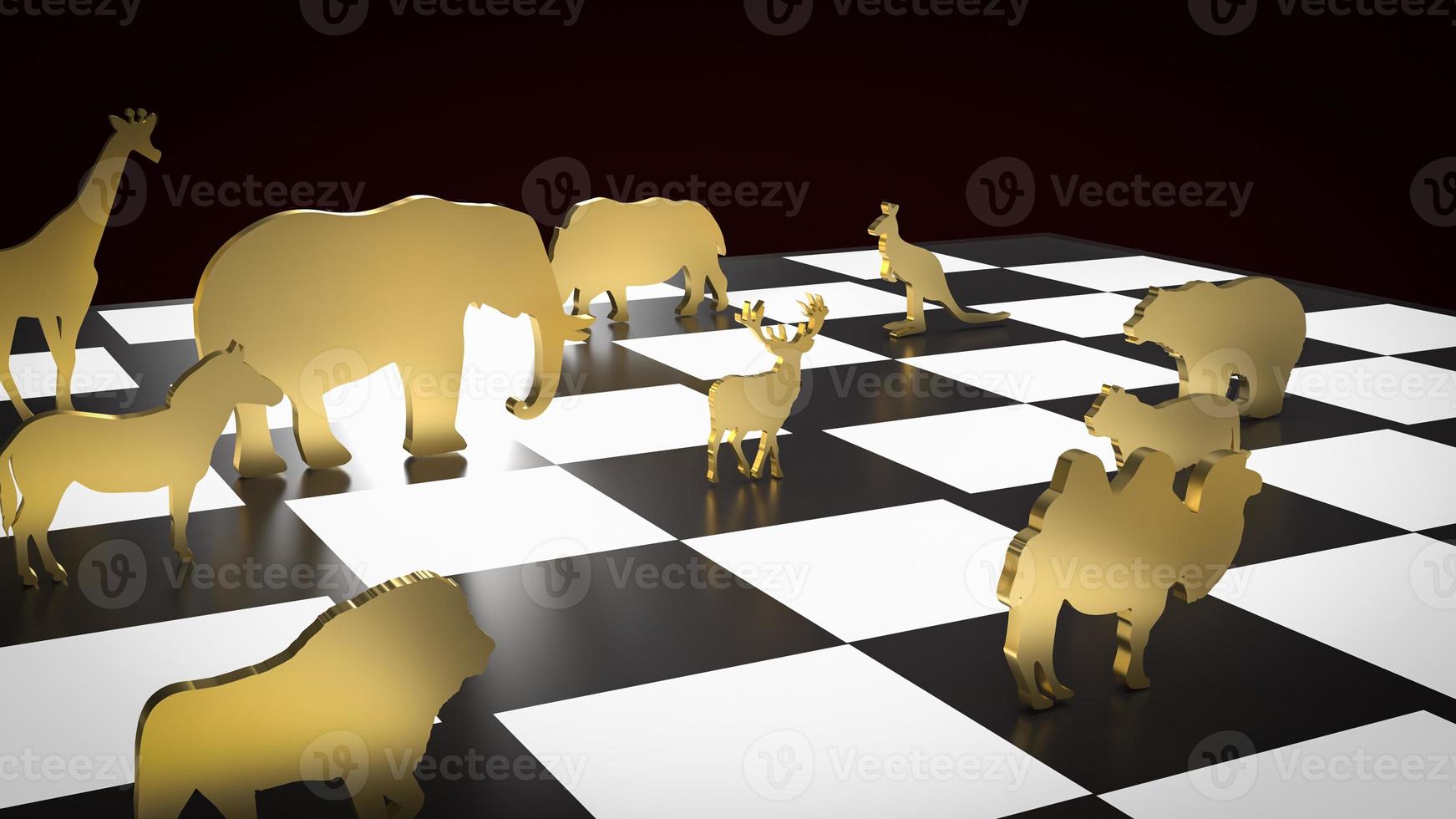la placa de oro de la vida silvestre en la representación 3d del tablero de ajedrez foto