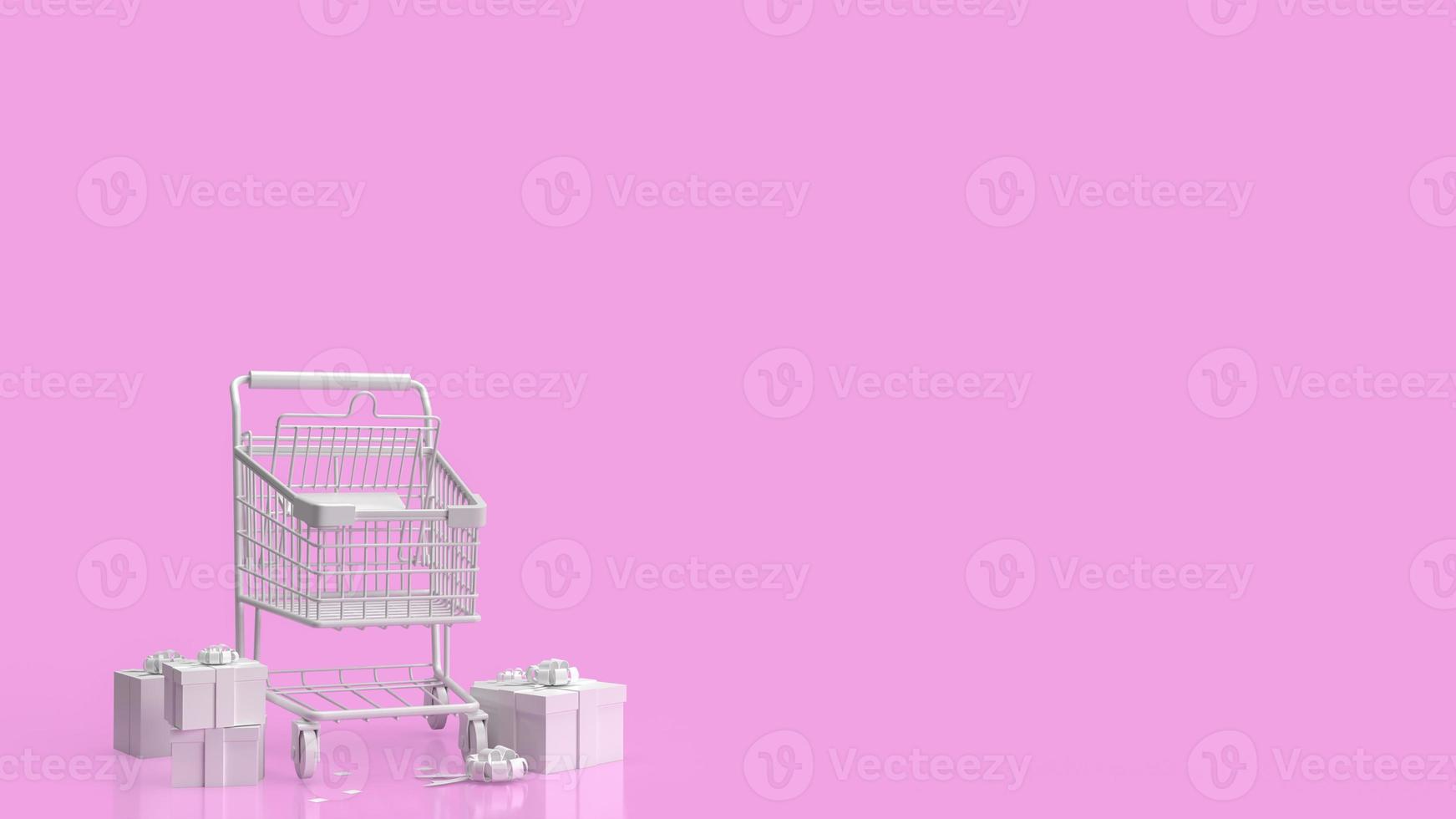 The white supermarket cart and gift box on pink background 3d rendering photo