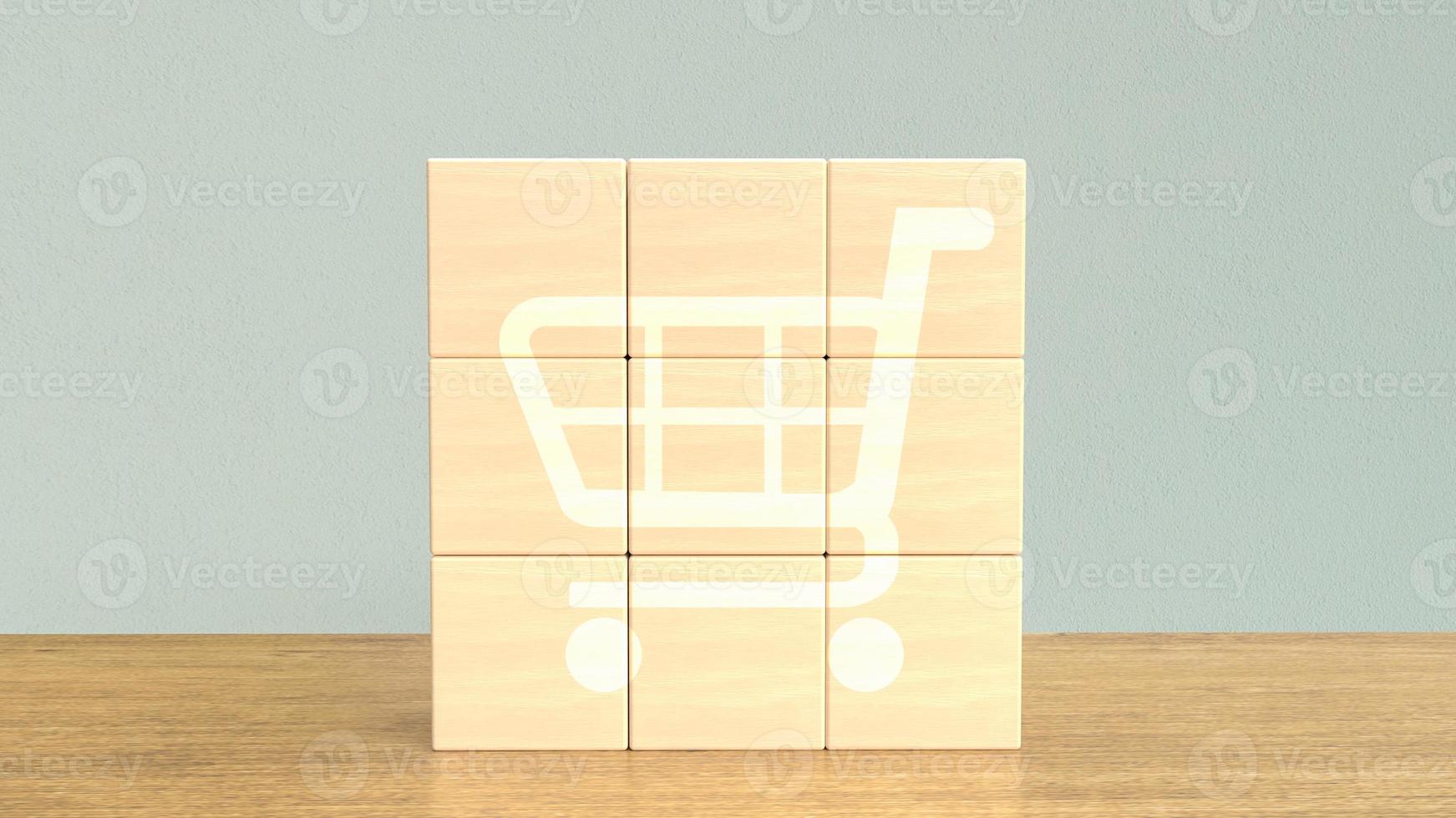 The shopping cart icon  on wood cube for business concept 3d rendering photo