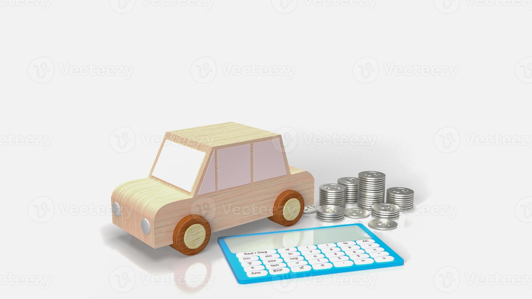 The toy wood car and blue calculator on white background  3d rendering photo