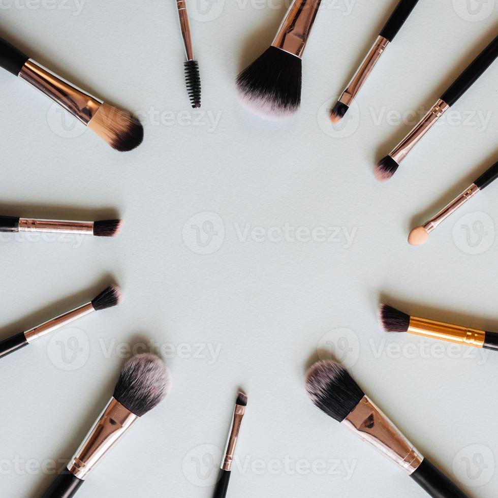 Flat top view set basic professional makeup brushes light background. Copy space text photo