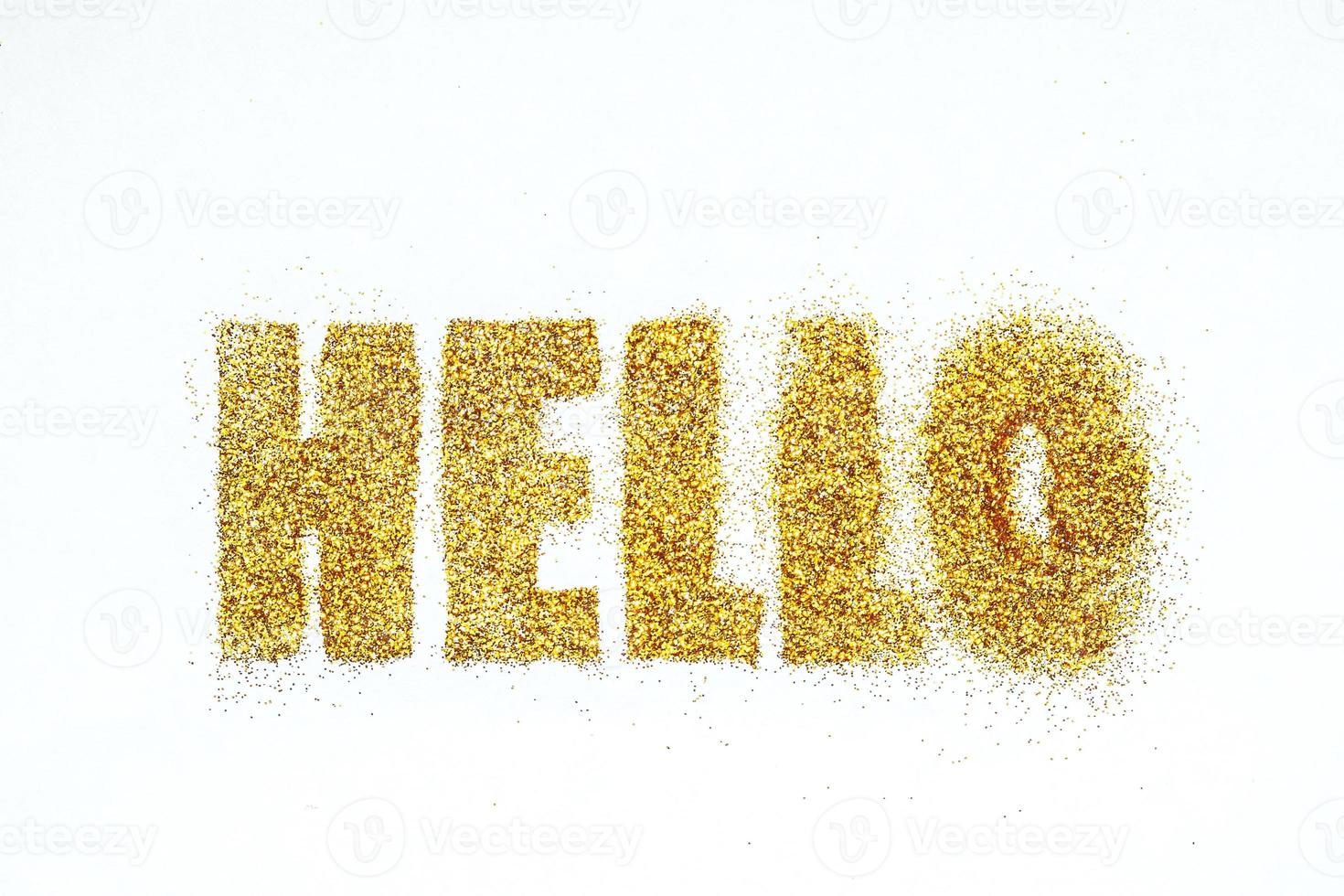 bright sequins text on white background. hello photo