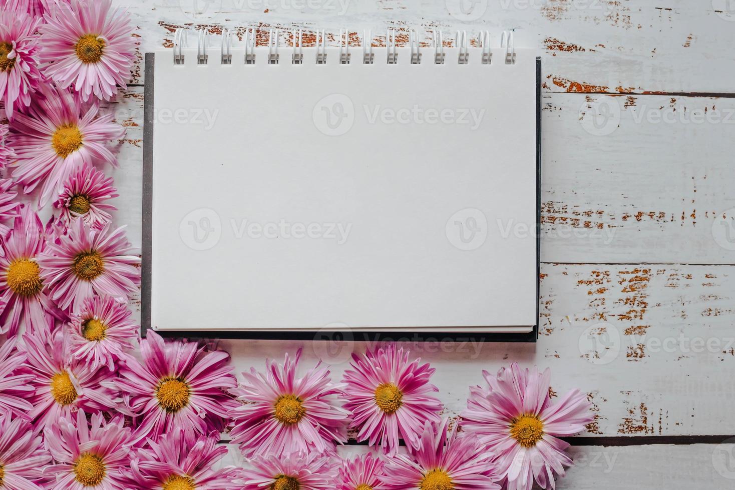 pink flowers frame, white wood background with copy of space photo