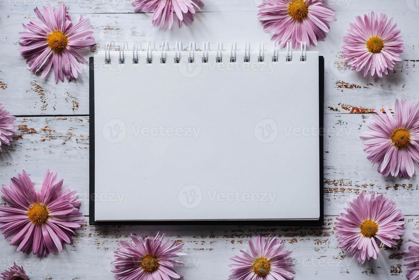 pink flowers frame, white wood background with copy of space photo