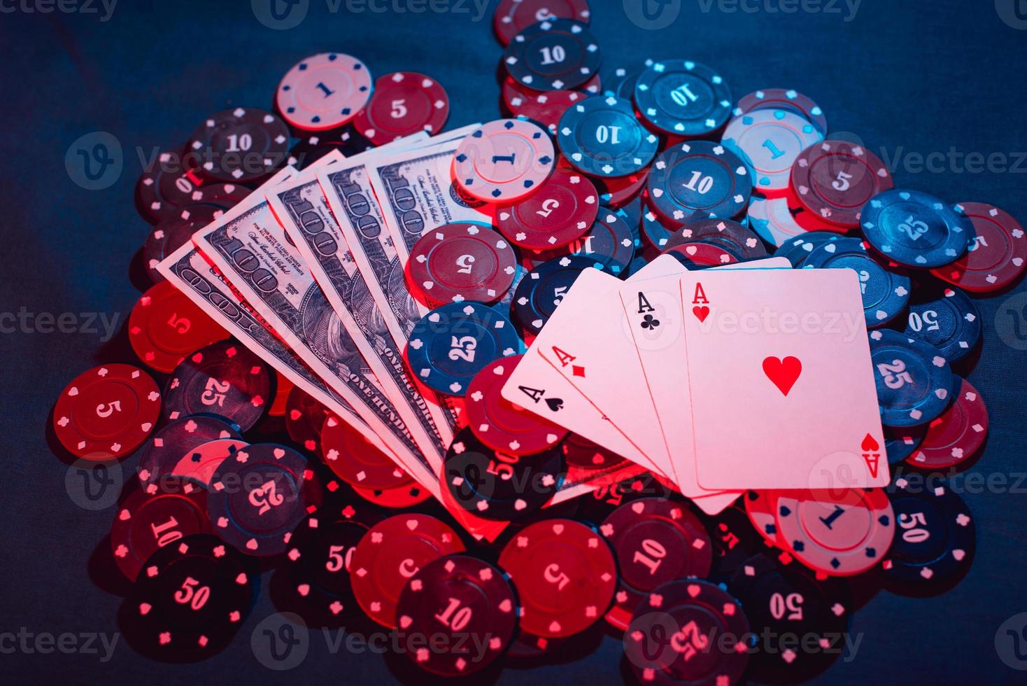 playing poker chips, cards , and smokefilled money. the view from the top 17560567 Stock Photo