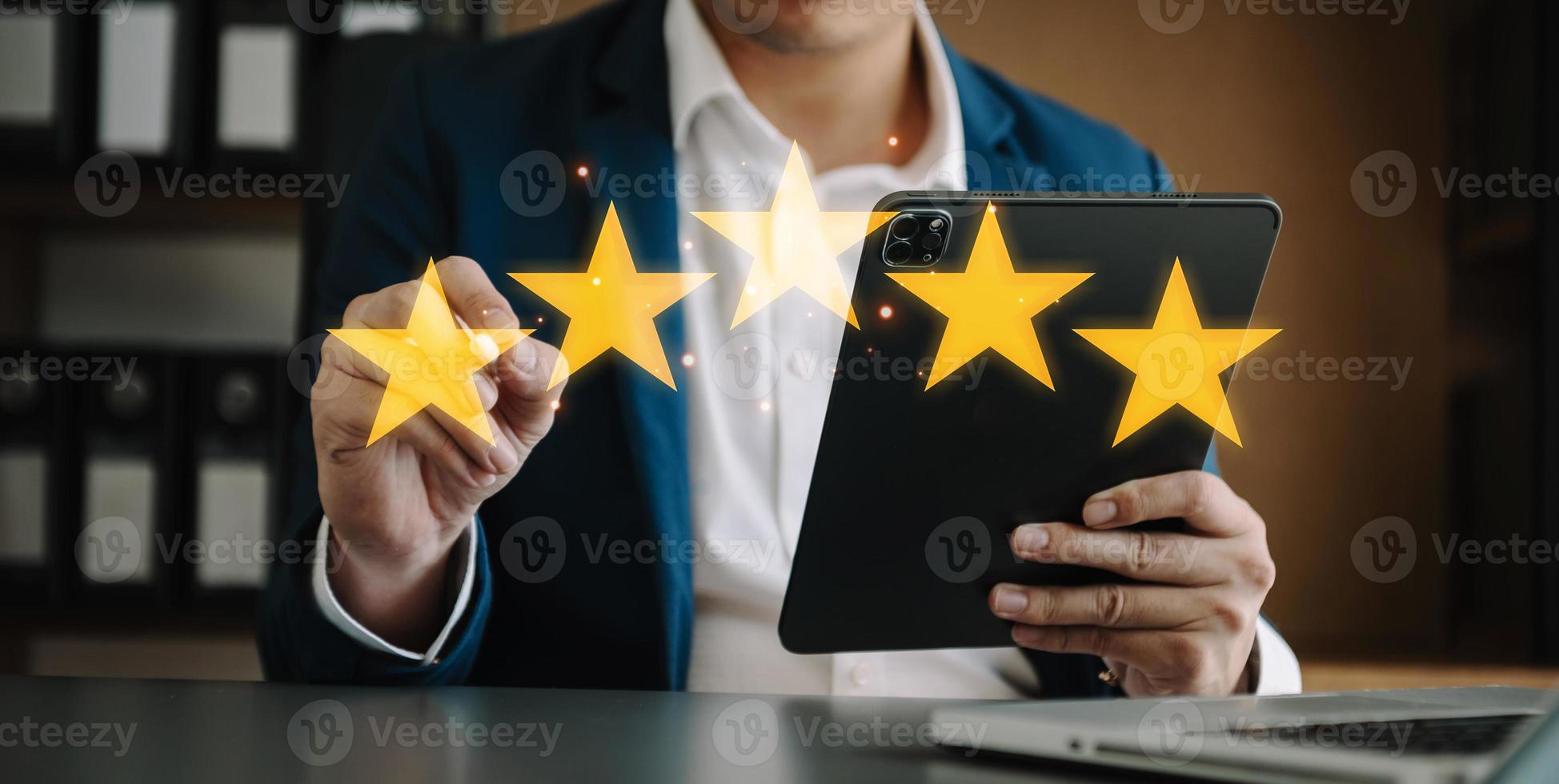 Customer or client the stars to complete five stars. with copy space. giving a five star rating. Service rating, satisfaction concept. photo