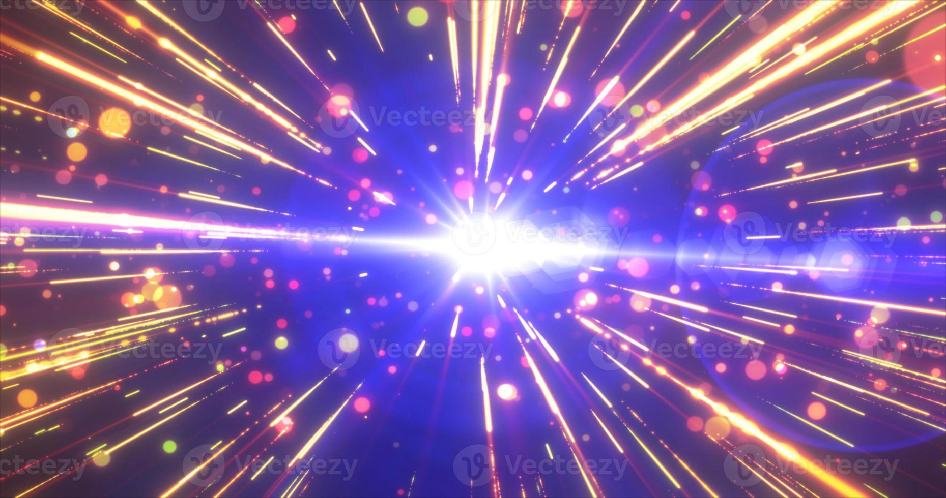 Abstract blue yellow flying stars bright glowing in space with particles and magical energy lines in a tunnel in open space with sun rays. Abstract background. photo