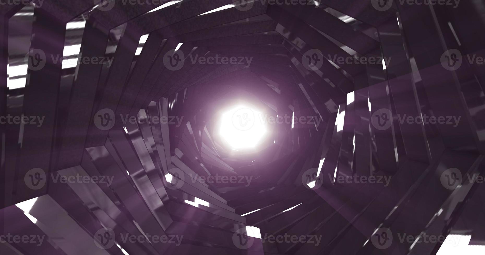 A rotating dark metal tunnel with walls of ribs and lines in the form of a hexagon with reflections of luminous rays. Abstract background photo