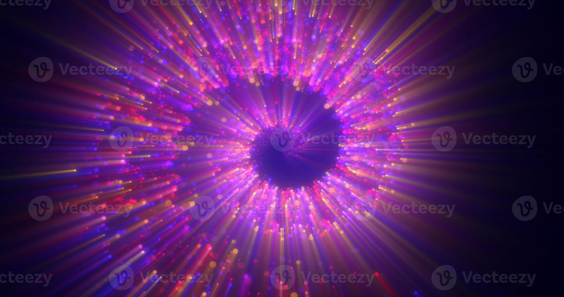 Abstract spiral tunnel of beautiful flying glowing magical particles bokeh circles of multicolored purple energy on a dark background. Abstract background photo