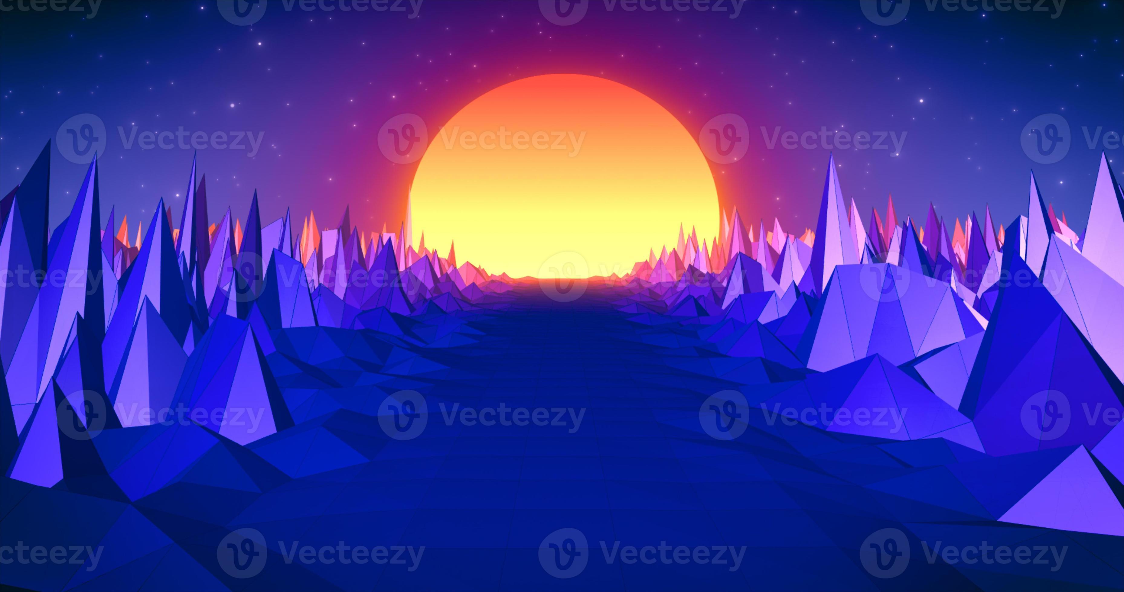 Abstract retro landscape in old style of 80s, 90s with road rocks