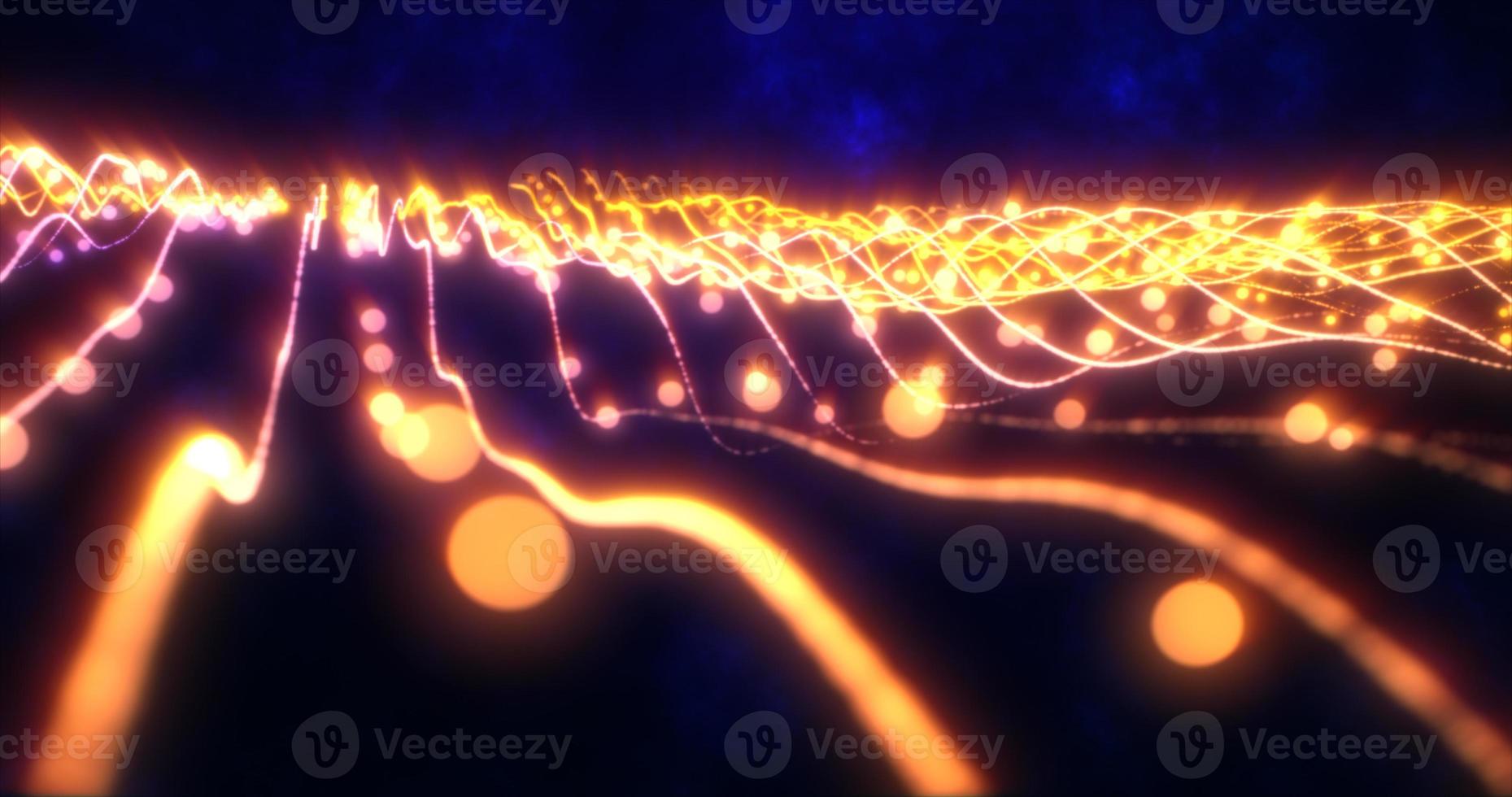 Abstract yellow orange shiny glowing lines rays of energy and magic waves from particles and dots, abstract background photo