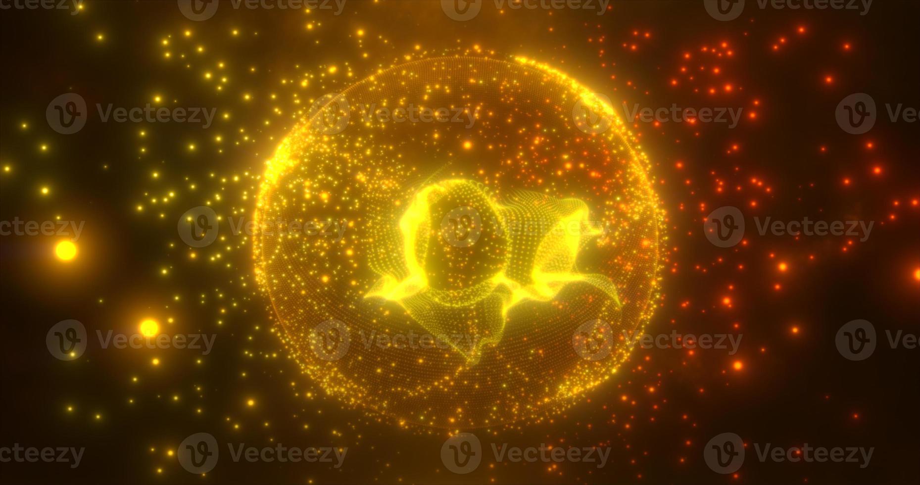 Abstract round yellow orange sphere light bright glowing from energy rays and magic waves from particles and dots, abstract background photo
