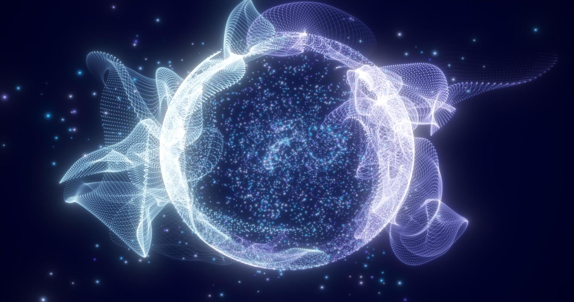 Abstract round blue sphere light bright glowing from rays of energy and magic waves from particles and dots, abstract background photo
