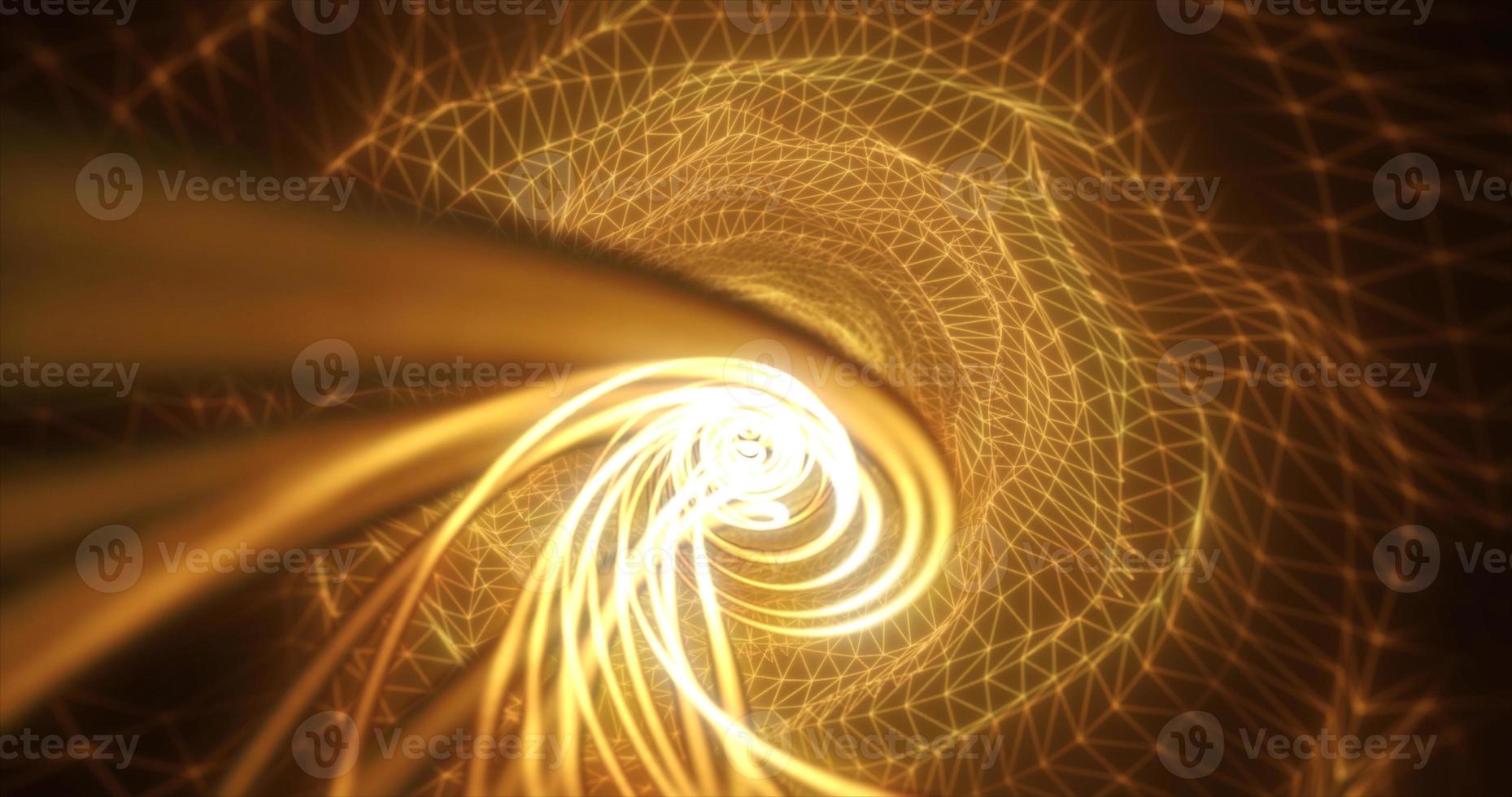 Abstract yellow futuristic tunnel from a grid of particles lines glowing bright shiny neon digital magical energy on a dark background. Abstract background photo