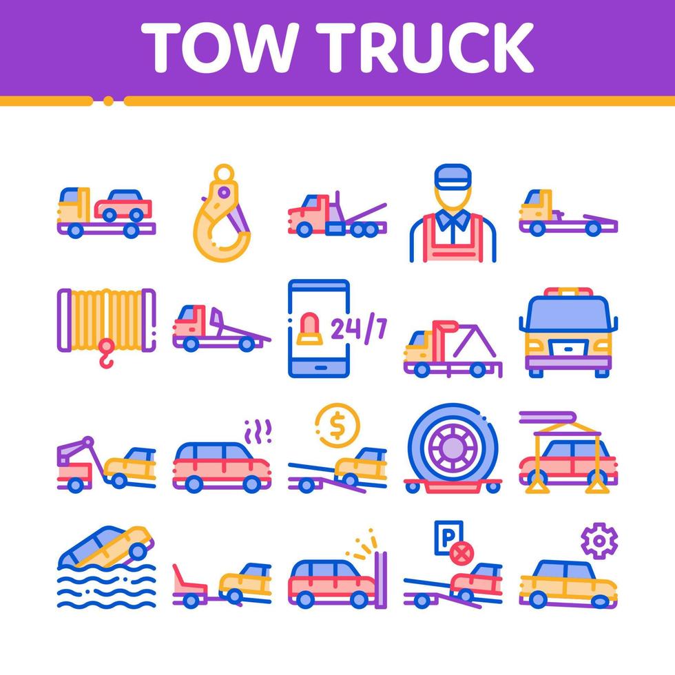 Tow Truck Transport Collection Icons Set Vector