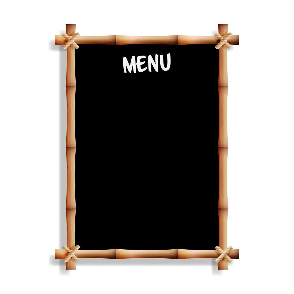 Menu Board With Bamboo Frame. Isolated On White Background. Realistic Black Chalkboard Hanging. Vector Illustration